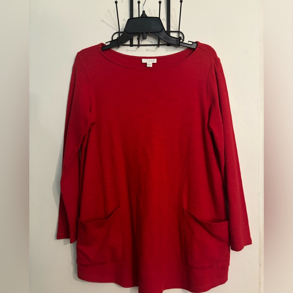 PureJill Womens Sz Small Red Patch Pocket Long Sleeve‎ Tunic 100% Cotton